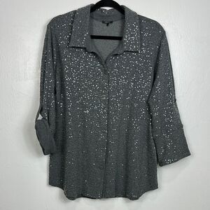 Pure Amici Gray Cotton Blend Sequined Button Down Shirt Size XL